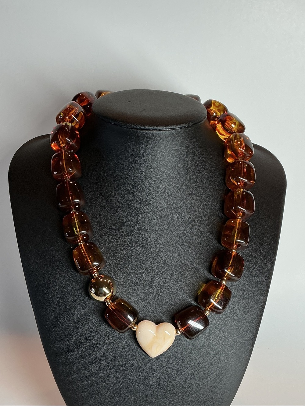 Brown Amber Glass Bead Necklace with Heart Pendant